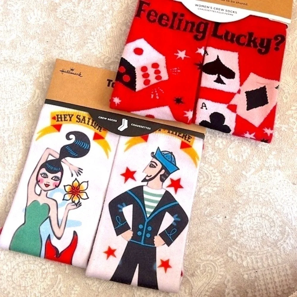 Brand New Set Toe of a Kind Crew Socks Feeling Lucky Card Player Sailor Mermaid
